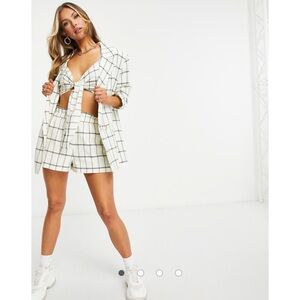 ASOS DESIGN Washed Double Breasted Linen Suit Blazer White Black Grid Check 4